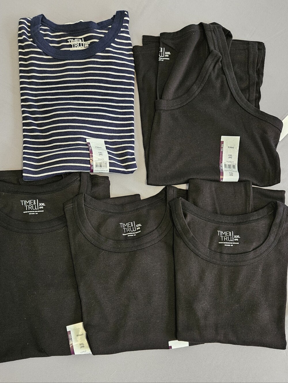 Lot of 5 Time & Tru Shirts Women XXL 20 Rib Tees Tank Top Black Navy Stripe NWT